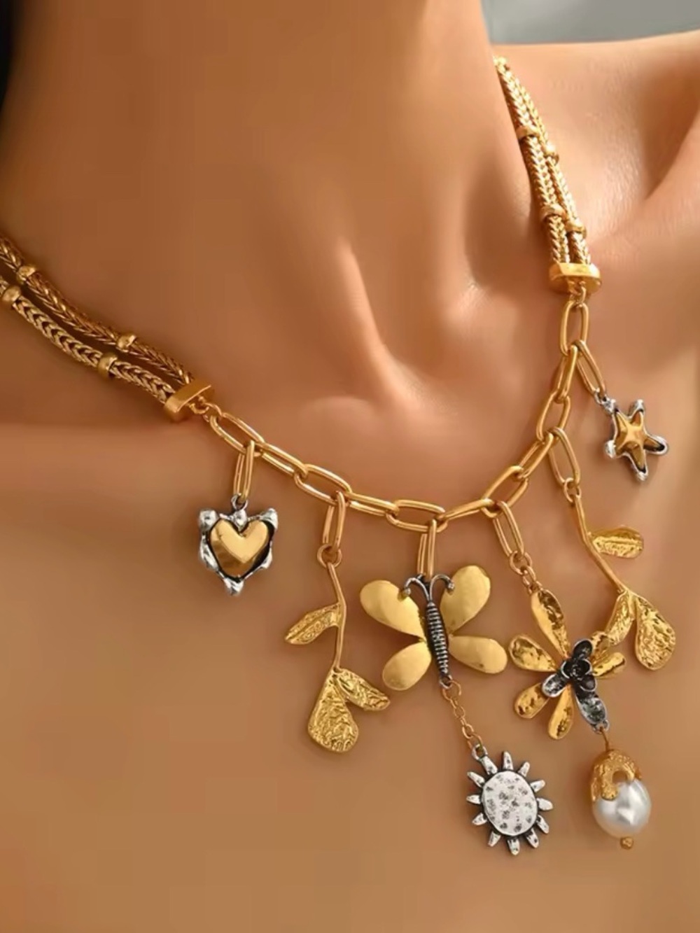 Gold-Tone Floral Charm Necklace with Mixed Metal Accents